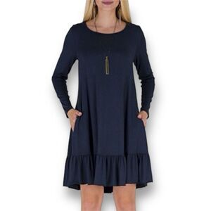 NWT Women's Long‎ Sleeve Navy Ruffle Hem Knee Length Dress Size L Casual Fall